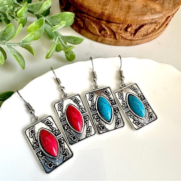 Jewelry - 3/$22🩶 Pair Faux Turquoise & Red Stone Earrings Silver Southwestern Western